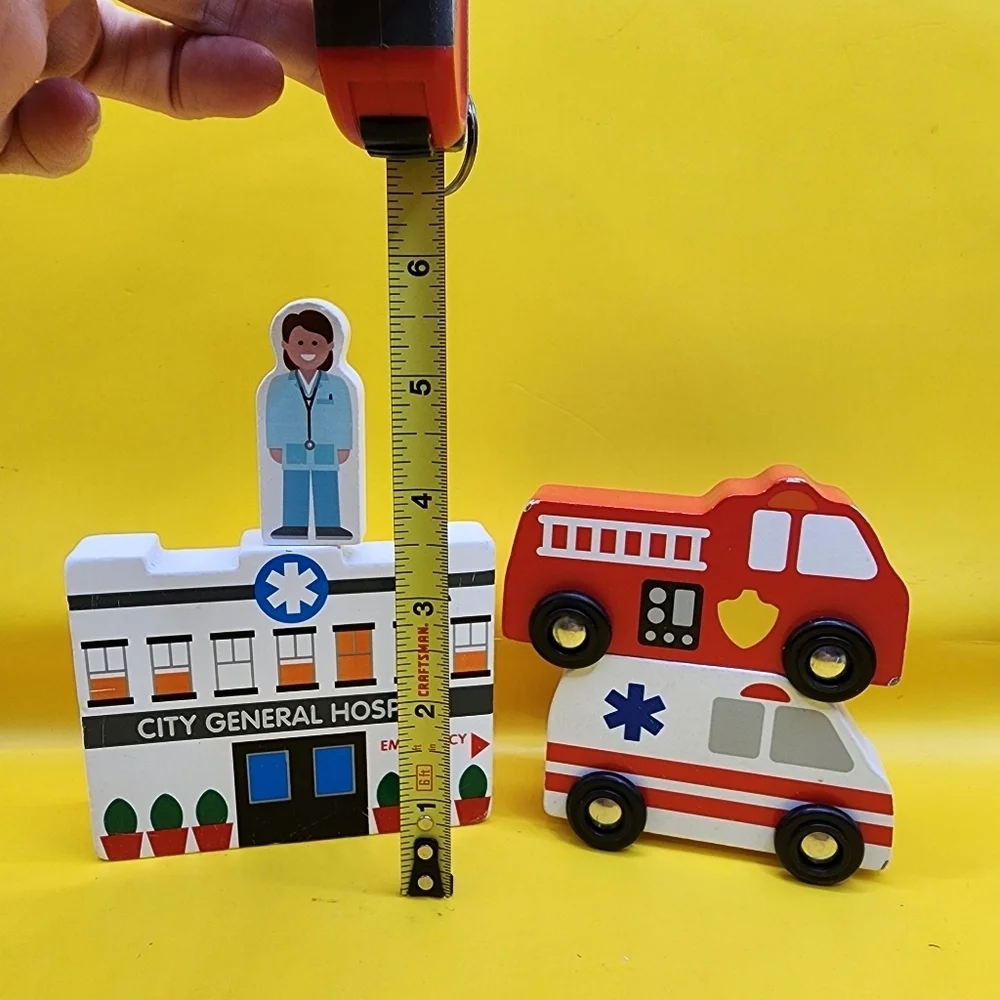 Melissa & Doug Wooden Town Hospital Ambulance Firetruck Doctor